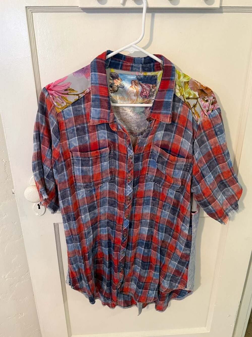 Pearls by Aratta Women's Plaid and Floral Patchwork Button-Down Shirt
